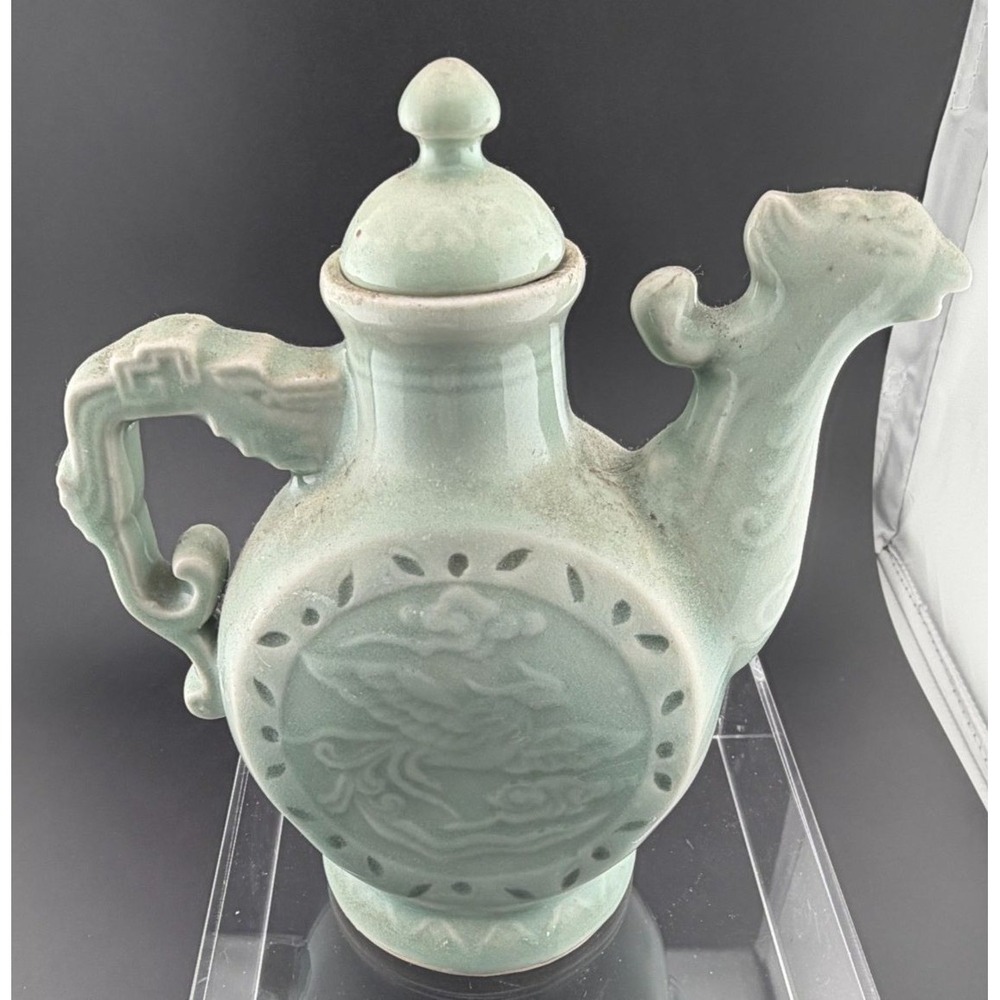 Vintage Asian Celadon Teapot Dragon Design  6.75"